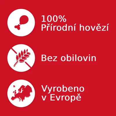 100% Přírodní hovězí, Bez obilovin, Vyrobeno v Evropě – tři hlavní vlastnosti produktu zobrazené s ikonami masa, přeškrtnutého klasu a mapy Evropy.