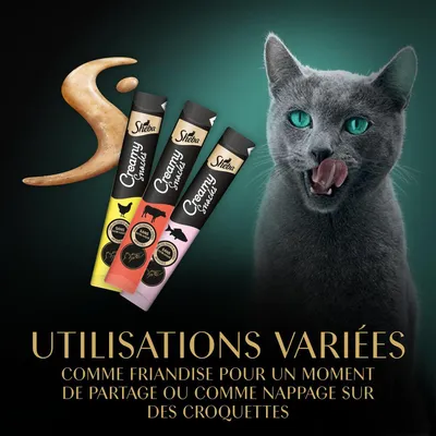 Sheba Creamy Snacks, trois sticks visibles avec illustrations de poulet, bœuf et saumon. Texte : utilisations variées comme friandise ou nappage sur des croquettes.
