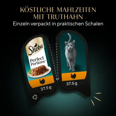 Sheba Perfect Portions mit Truthahn, einzeln verpackt in praktischen Schalen, jeweils 37,5g. Köstliche Mahlzeiten für Katzen.