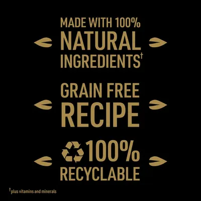 Testo in inglese: Made with 100% natural ingredients, grain free recipe, 100% recyclable. Nota: plus vitamins and minerals.