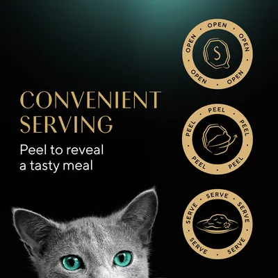 Text: CONVENIENT SERVING. Peel to reveal a tasty meal. Three icons with text: Open, Peel, Serve. Partial image of a grey cat's face at the bottom.