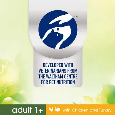 Testo in inglese: Developed with veterinarians from the Waltham Centre for Pet Nutrition. adult 1+ with Chicken and Turkey.