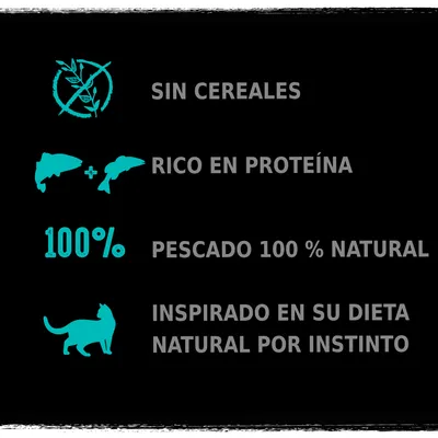 Sin cereales. Rico en proteína. Pescado 100 % natural. Inspirado en su dieta natural por instinto.