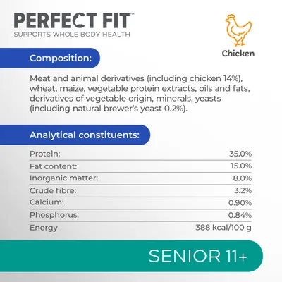 Perfect Fit Chicken Senior 11+. Ingredienser: kött och animaliska biprodukter (kyckling 14 %), vete, majs m.m. Näringsanalys: protein 35 %, fett 15 %, fiber 3,2 %, energi 388 kcal/100 g.