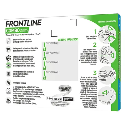 FRONTLINE Combo Spot-On Chien M, instructions d’application en 3 étapes illustrées, tableau pour dates des applications, informations sur la protection contre puces, tiques et poux broyeurs.