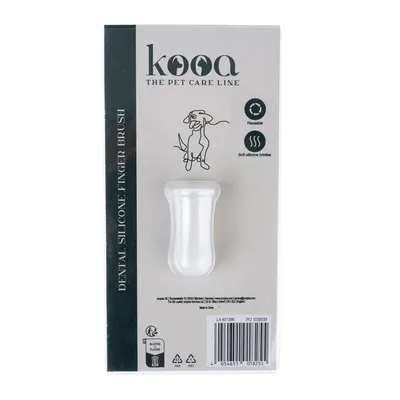 kooa Dental szilikon ujjkefe, újrahasználható, puha szilikonsörtékkel. Csomagolás kutya ábrájával.