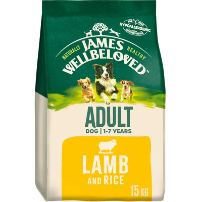 Adult dog food for ages 1 to 7 years, lamb and rice flavour, hypoallergenic for pets with sensitivities, 15 kg bag.