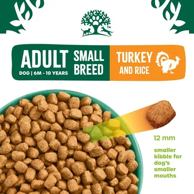 Adult small breed dog food, turkey and rice flavour, for ages 6 months to 10 years. Kibble size 12 mm, designed for smaller mouths.