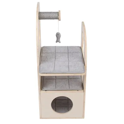 Multi-level wooden cat furniture with sisal roll, grey padded surfaces and hanging fish toy. Lower level with round entrance.
