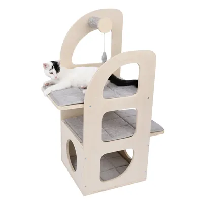 Cat furniture made of wood with three levels, grey cushions and integrated toy. White cat lying on the top level.