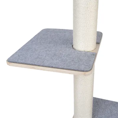 Cat tree with sisal-wrapped post and grey wooden platform with felt cover.