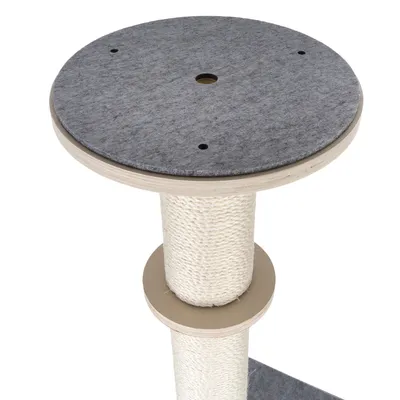 Cat tree spare part: round wooden platform with grey felt cover and central hole, mounted on sisal post.