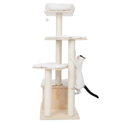 Cat tree made of wood with multiple levels, sisal posts and padded resting areas. White cat climbing up the cat tree.