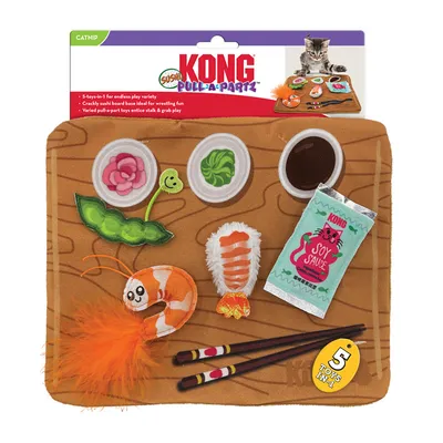 KONG Pull-A-Partz Sushi игрушка для кошек, набор из 5 предметов с кошачьей мятой, подходит для борьбы и игр «сталк и хватай». Включает разные игрушки-суши и упаковку соевого соуса.