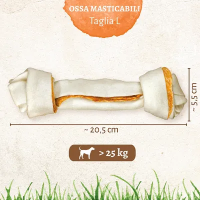 Ossa masticabili Taglia L, circa 20,5 cm x 5,5 cm, per cani oltre 25 kg. Immagine dell'osso con misure e testo visibile.