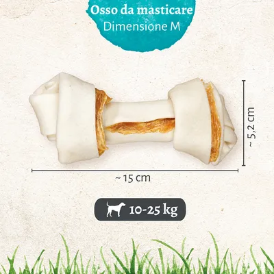Osso da masticare Dimensione M, circa 15 cm x 5,2 cm. Indicazione: cane 10–25 kg.