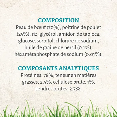 Composition : peau de bœuf 70 %, poitrine de poulet 25 %, riz, glycérol, etc. Composants analytiques : protéines 78 %, matières grasses 2,5 %, cellulose brute 1 %, cendres brutes 2,7 %.