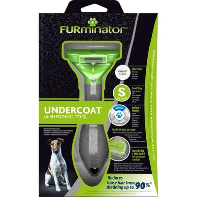 Undercoat deShedding tool for short hair, small size (4.5-9kg), use 10-20 minutes weekly, reduces loose hair shedding by up to 90%, features curved edge and fur ejector button.
