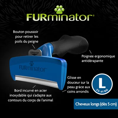 FURminator, brosse avec bouton poussoir pour retirer les poils, poignée ergonomique antidérapante, bord incurvé en acier inoxydable, taille L 23–41 kg, cheveux longs dès 5 cm.