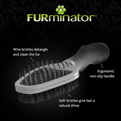 FURminator kefe, fém tüskék a szőr kibogozásához és tisztításához, puha sörték a természetes fényért, ergonomikus csúszásmentes nyél. Az angol szöveg a képen látható.