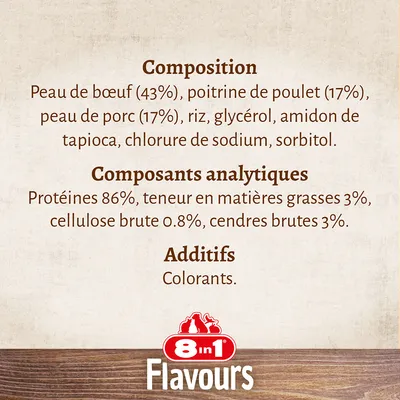 Composition : peau de bœuf 43 %, poitrine de poulet 17 %, peau de porc 17 %, riz, glycérol, amidon de tapioca, chlorure de sodium, sorbitol. Protéines 86 %, matières grasses 3 %. 8in1 Flavours.