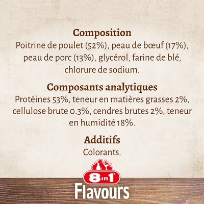 8 in 1 Flavours – Composition : poitrine de poulet 52 %, peau de bœuf 17 %, peau de porc 13 %, glycérol, farine de blé, chlorure de sodium. Protéines 53 %, matières grasses 2 %, colorants.