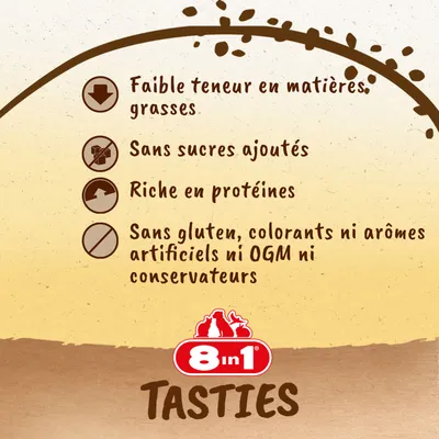 Faible teneur en matières grasses, sans sucres ajoutés, riche en protéines, sans gluten, colorants, arômes artificiels, OGM ni conservateurs. 8 in 1 Tasties.