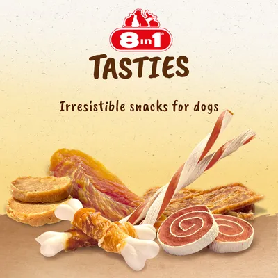 8 in 1 TASTIES, Irresistible snacks for dogs. Rôzne druhy maškŕt pre psov zobrazené na obrázku, vrátane žuvacích tyčiniek a mäsových roliek. Text v angličtine.