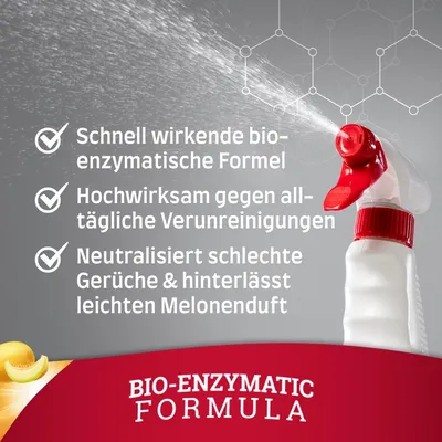 Schnell wirkende bio-enzymatische Formel, hochwirksam gegen alltägliche Verunreinigungen, neutralisiert schlechte Gerüche und hinterlässt leichten Melonenduft. Bio-Enzymatic Formula.