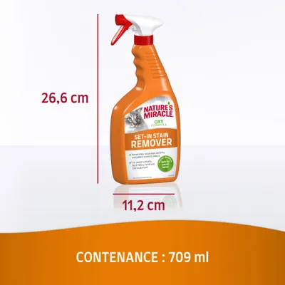 Spray Nature's Miracle Oxy Formula Set-In Stain Remover, dimensions 26,6 cm x 11,2 cm, contenance 709 ml. Texte anglais visible sur l’étiquette.