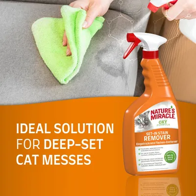 Nature's Miracle Oxy Formula set-in stain remover spray shown with a person cleaning a sofa, labelled as ideal solution for deep-set cat messes.