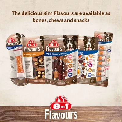 8in1 Flavours treats available as bones, chews and snacks. Image shows Crunchy Rolls, Triple Flavour Skewers, Rings and Bones packaging with visible product pieces.