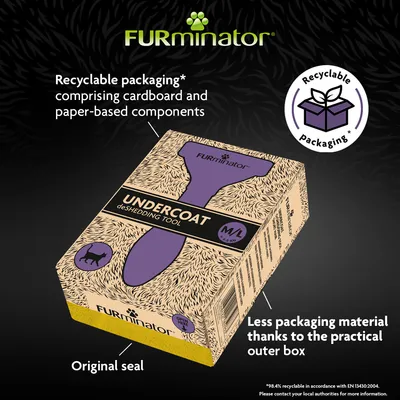FURminator Undercoat deShedding Tool packaging with recyclable cardboard, paper-based components, original seal, and less packaging material due to practical outer box. Recyclable packaging symbol shown.