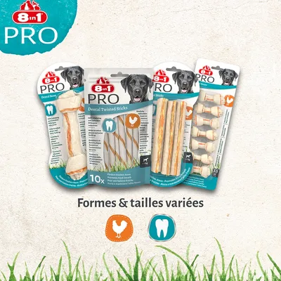 8in1 PRO Dental Bone, Dental Twisted Sticks et Os XS. Différentes formes et tailles, avec symbole de dent et symbole de poulet. 8in1 PRO Dental Bone, Dental Twisted Sticks et Os XS. Différentes formes et tailles, avec symbole de dent et symbole de poulet.