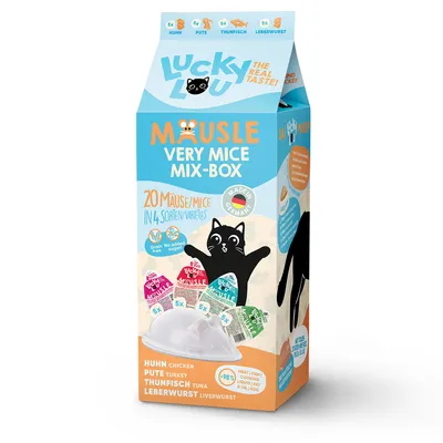Lucky Lou Mäusle Very Mice Mix-Box, 20 ratones en 4 variedades: pollo, pavo, atún, salchicha de hígado. Made in Germany, sin azúcares añadidos, sin cereales.