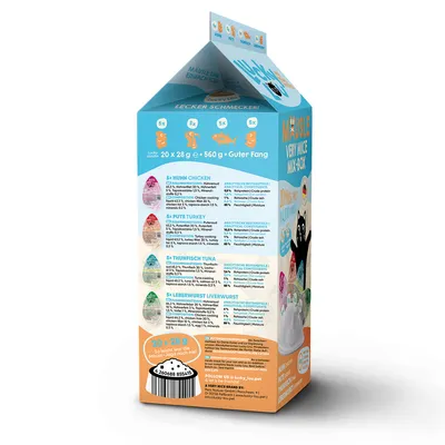 Lucky Lou Mäuse son ideales. Caja surtida con 20x28g: pollo, pavo, atún, salchicha de hígado. Componentes analíticos y valores nutricionales visibles. Peso total 560g.