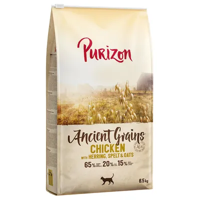 Purizon Ancient Grains Chicken mit Hering, Dinkel & Hafer. 65% tierische Zutaten, 20% Gemüse, 15% Obst & Kräuter. Packungsgrösse: 6,5 kg.