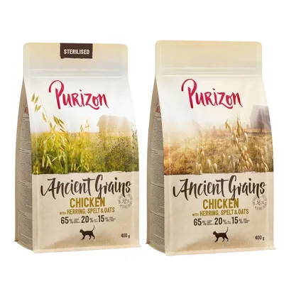 Purizon Ancient Grains Sterilised, Huhn mit Hering, Dinkel und Hafer. 65% Fleisch, 20% Gemüse, 15% Getreide. Für sterilisierte Katzen. Packungsgrösse: 400g.