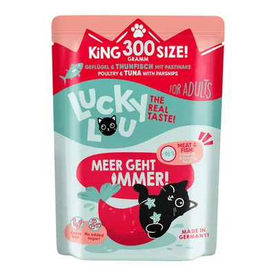 Lucky Lou Katzenfutter für Erwachsene, Geflügel & Thunfisch mit Pastinake, 300g, 96% Fleisch & Fisch, getreidefrei, ohne Zuckerzusatz, Made in Germany.
