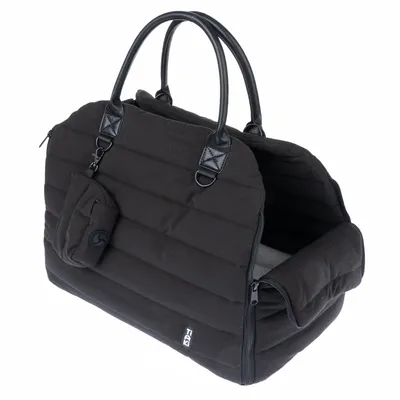 Schwarze Tragetasche mit gepolsterten Seiten, Reissverschlussöffnung und abnehmbarer Tasche. Geeignet für den Transport kleiner Haustiere.