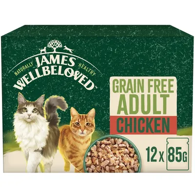 Grain free adult chicken, 12 packs of 85g each. Image shows two cats and a bowl of food. Brand name James Wellbeloved visible.