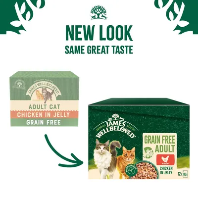Packaging change for grain free adult chicken in jelly, showing old and new box designs with the text 'New look, same great taste'.