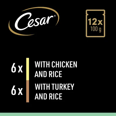 Pack contains 12 x 100g portions: 6 with chicken and rice, 6 with turkey and rice.