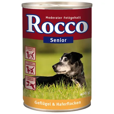 Rocco Senior hondenvoer, gematigd vetgehalte, ideaal Ca/P, licht verteerbaar, kracht & energie. Smaak: gevogelte & haverflocken. Blik van 400 g.