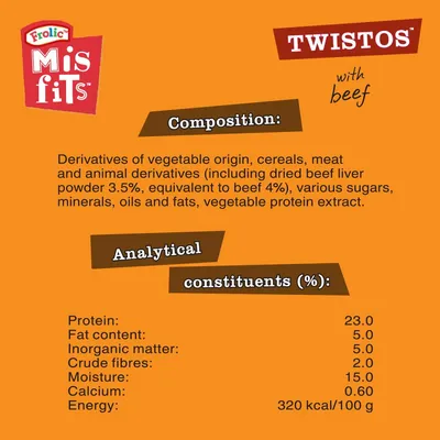 Ingredients: vegetable origin derivatives, cereals, meat and animal derivatives including beef liver powder 3.5%. Protein 23%, fat 5%, moisture 15%, energy 320 kcal per 100g.