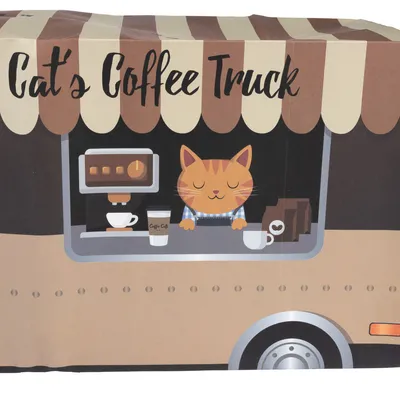 Ilustrácia mačacieho kávového trucku s nápisom 'Cat's Coffee Truck', mačkou pri pulte a kávovarom v pozadí.