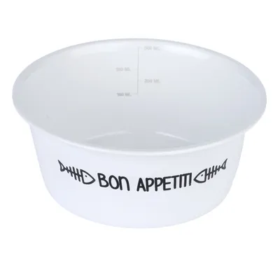 Vit matskål med texten 'Bon Appetit!' och fiskbensmotiv. Invändig mätskala upp till 500 ml synlig.