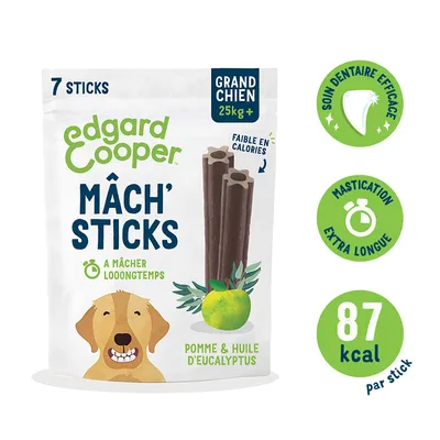 Edgard Cooper Mâch' Sticks, 7 pièces, pour grands chiens à partir de 25 kg, avec pomme et huile d'eucalyptus, faible en calories, 87 kcal par stick, durée de mastication extra longue, soin dentaire efficace.