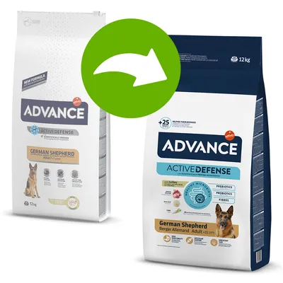 ADVANCE Active Defense German Shepherd Adult Hundefutter, Verpackungsänderung von alter zu neuer Version mit Produktdetails und Hundebild sichtbar.