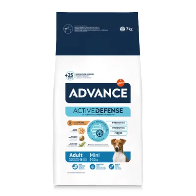 Advance Active Defense kutyatáp felnőtt mini fajtáknak, 7 kg, csirkével, prebiotikummal, probiotikummal és rostokkal. 1-10 kg-os kutyáknak, támogatja a bőrt, szőrzetet és izomtömeget.